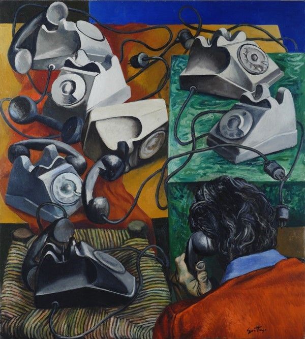Renato Guttuso : Telefoni (o l'Incomunicabilità)  (1980)  - Olio su tela - Auction Arte moderna e contemporanea - Galleria Pananti Casa d'Aste