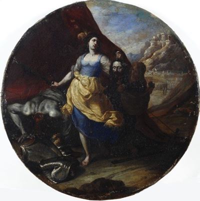 Scuola Napoletana, XVII secolo, Giuditta e Oloferne, olio su tela, diametro 48 cm