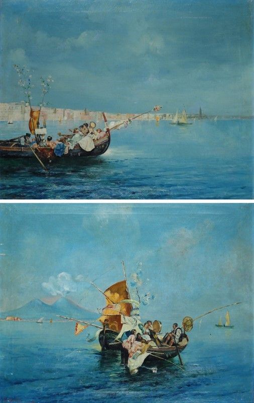 E. Micalizzi - Concertino in barca con Venezia sullo sfondo, olio su tela