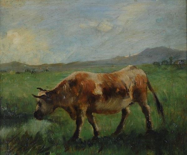 Alceste Campriani : Mucca al pascolo  - Olio su tela riportata su cartone - Asta AUTORI DEL XIX E XX SEC, ARTE MODERNA E CONTEMPORANEA - Galleria Pananti Casa d'Aste