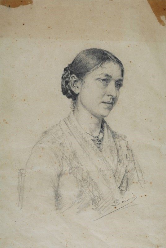 Filadelfo Simi : Ritratto della moglie Adelaide  - Matita su carta - Asta Antiquariato - I - Galleria Pananti Casa d'Aste