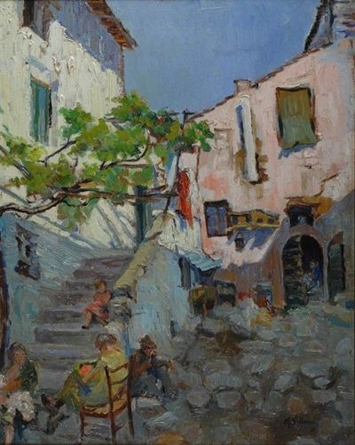 Vita di paese, olio su tavola