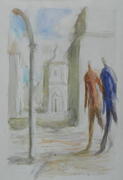 Paesaggio e figure, acquerello su carta