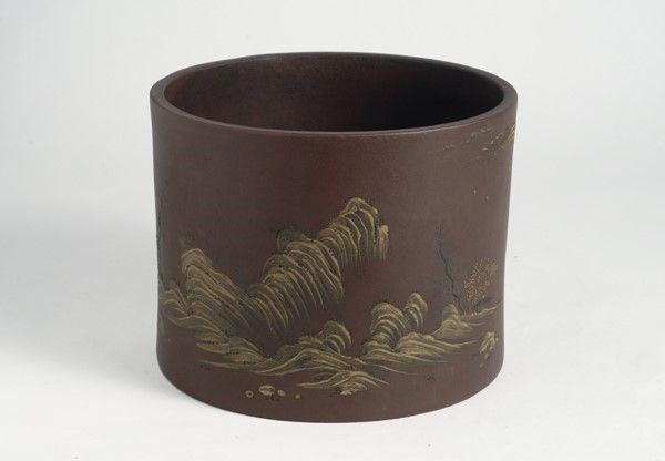 Vaso portapennelli circolare in gres rosso di Yixing con decori paesaggistici