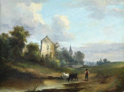 Scuola Olandese, Paesaggio con figura e armenti, olio su tela