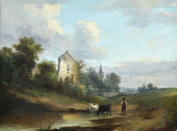 Scuola Olandese, Fine XVIII Sec. - Scuola Olandese, Paesaggio con figura e armenti, olio su tela