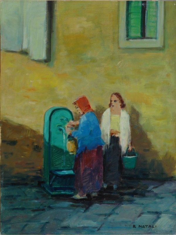 Renato Natali : Donne alla fontana  - Olio su compensato - Auction Antiquariato - I - Galleria Pananti Casa d'Aste