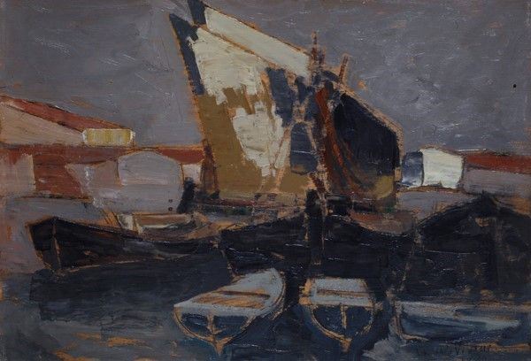 Lorenzo Viani - Darsena con vele bianche, olio su compensato