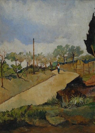 Stradina di campagna con contadina, olio su compensato