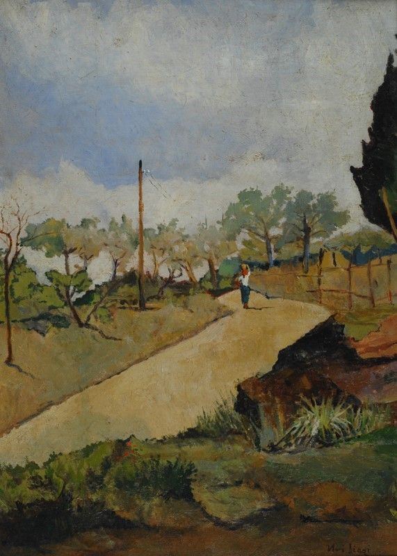 Ulvi Liegi - Stradina di campagna con contadina, olio su compensato