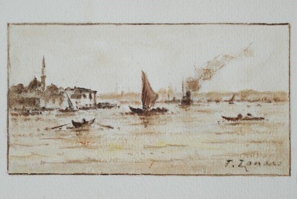 Fausto Zonaro - Veduta lagunare, china acquerellata su carta