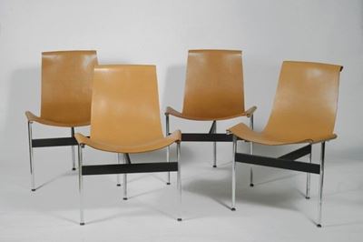 Katavolos, Littell & Kelley, Quattro poltrone T-Chair in metallo e cuoio