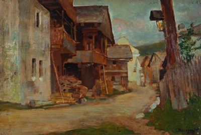 Case di montagna, olio su tavola