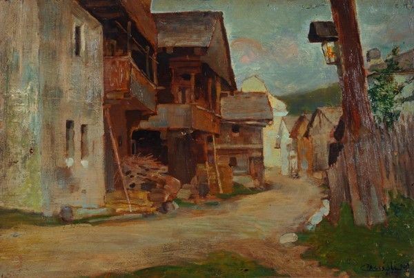 Carlo Passigli - Case di montagna, olio su tavola