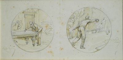 Il gioco del biliardo e delle bocce, matita su carta