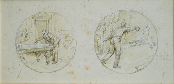 Giuseppe Cassioli - Il gioco del biliardo e delle bocce, matita su carta