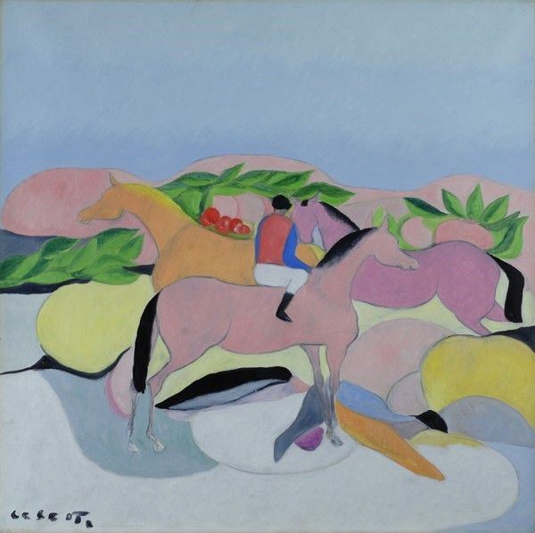 Giuseppe Cesetti - Cavalli e fantino, olio su tela