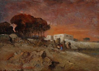 Paesaggio con casa e figure, olio su cartone