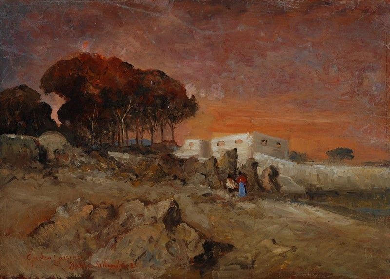 Guido Casciaro - Paesaggio con casa e figure, olio su cartone