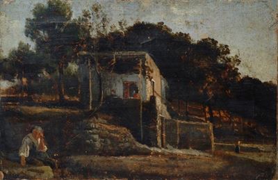 Cascina con figure, olio su tela