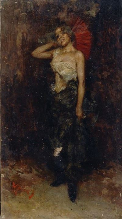 Modella con ventaglio, olio su tela