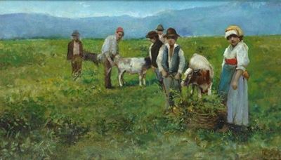 Contadini con mucche, olio su tela