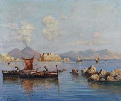 Napoli, pescatori nel Golfo, olio su tela