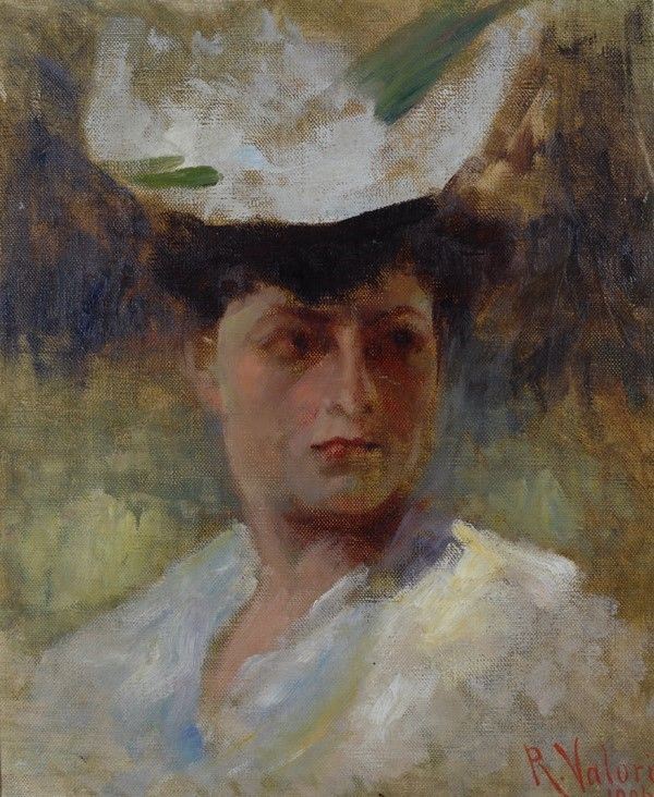 Romano Valori - Donna con cappellino bianco, olio su tela riportata su tavola