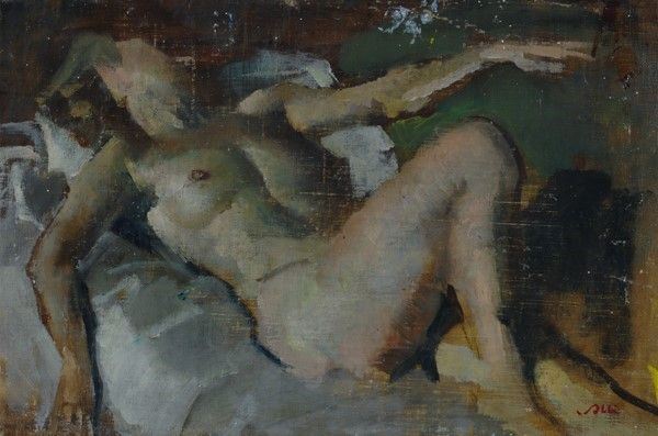 Giulio Salti : Nudo femminile disteso  - Olio su tela - Asta Antiquariato - I - Galleria Pananti Casa d'Aste
