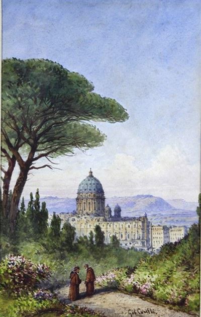 Paesaggio con frati, acquerello su carta
