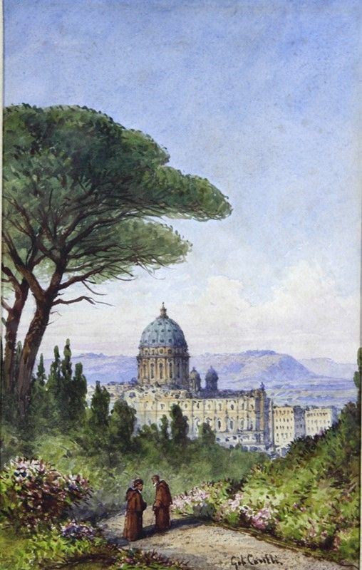 Gabriele Carelli - Paesaggio con frati, acquerello su carta