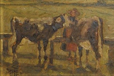 Contadina con mucche, olio su cartone