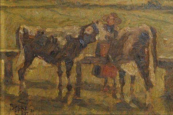 Beppe Ciardi - Contadina con mucche, olio su cartone