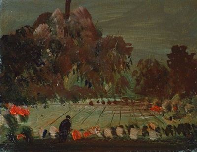 Viandante nei campi, tempera grassa su cartoncino