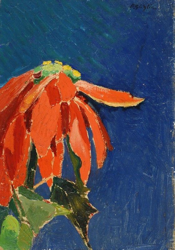 Oscar Ghiglia - Fiore rosso, olio su cartone