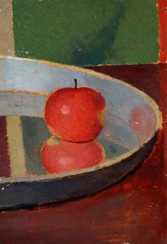 Oscar Ghiglia : Mela rossa  ((1922-1925))  - Olio su cartone - Auction Antiquariato - I - Galleria Pananti Casa d'Aste