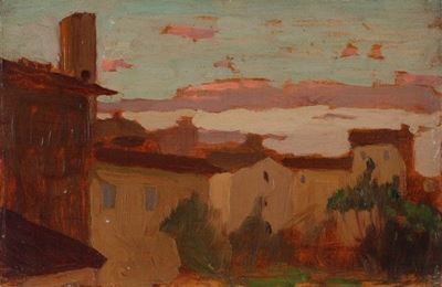 Case al tramonto, olio su cartone