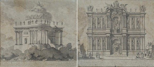 Scuola Toscana, Fine XV Sec. - Scuola Toscana, Coppia di stampe con Macchine da Fuochi d'Artifici...