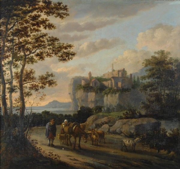 Scuola Fiamminga, XVII Sec. - Scuola Fiamminga, Veduta con viandanti e borgo, olio su tela