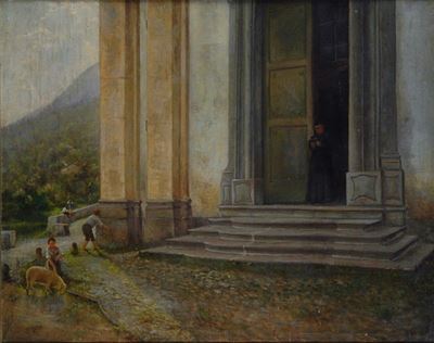 Sul sagrato della chiesa, olio su tela