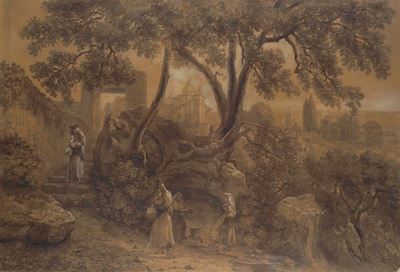 Attribuito a Arthur John Strutt, Paesaggio con acquaiole, matita su carta su cartone