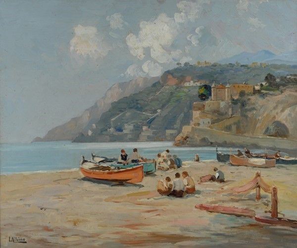 Luca Albino - Pescatori sulla spiaggia, olio su compensato