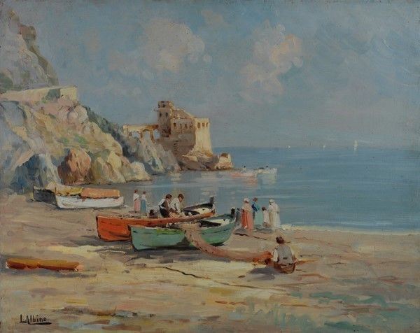Luca Albino - Barche di pescatori sulla spiaggia, olio su compensato
