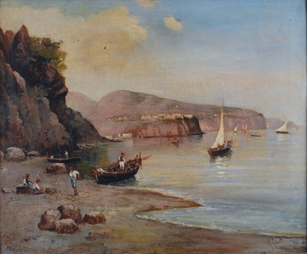 Guglielmo Giusti : Barche a Sorrtento  (1867)  - Olio su tela - Asta Antiquariato - I - Galleria Pananti Casa d'Aste
