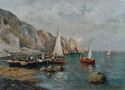 Golfo con barche di pescatori, olio su tela
