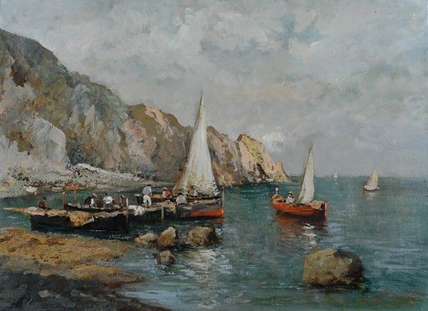 Ezelino Briante - Golfo con barche di pescatori, olio su tela