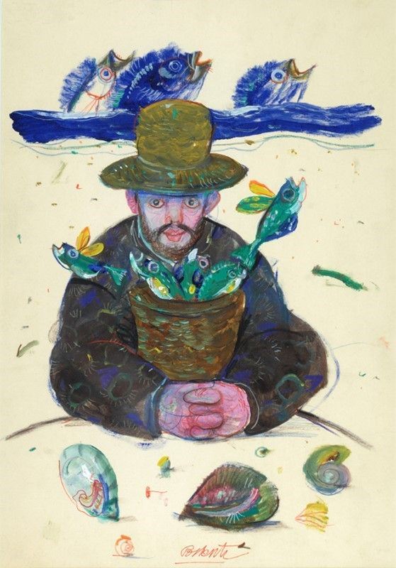 Antonio Possenti : La cesta dei pesci volanti  - Tecnica mista e olio su cartoncino - Auction Antiquariato - I - Galleria Pananti Casa d'Aste