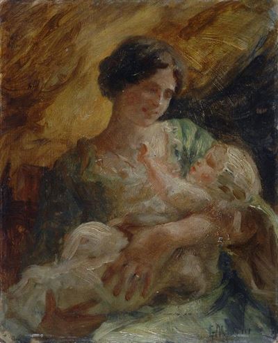 Maternità, olio su cartone