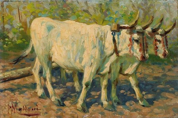 Pompeo Massani : Buoi  - Olio su compensato - Asta Antiquariato - I - Galleria Pananti Casa d'Aste