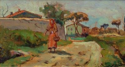 Strada con contadina, olio su compensato